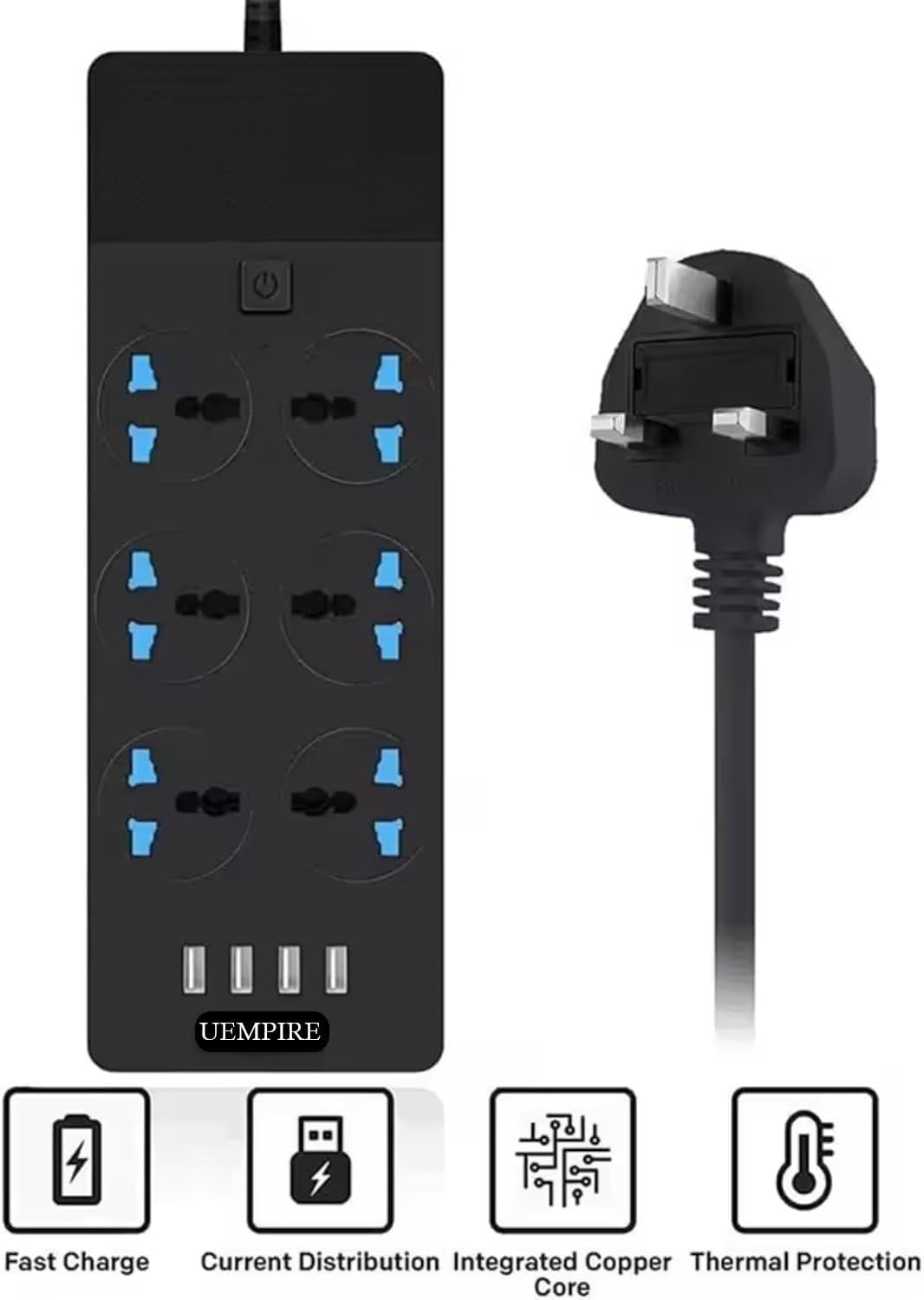 Power Strip & Surge Protectors, Power Extension Lead Outlets, All in one Wall Plug Adapter with 4 (3.1A) USB Hub & 6 Gang Smart Electrical Sockets, Power Extension (2 Meter)