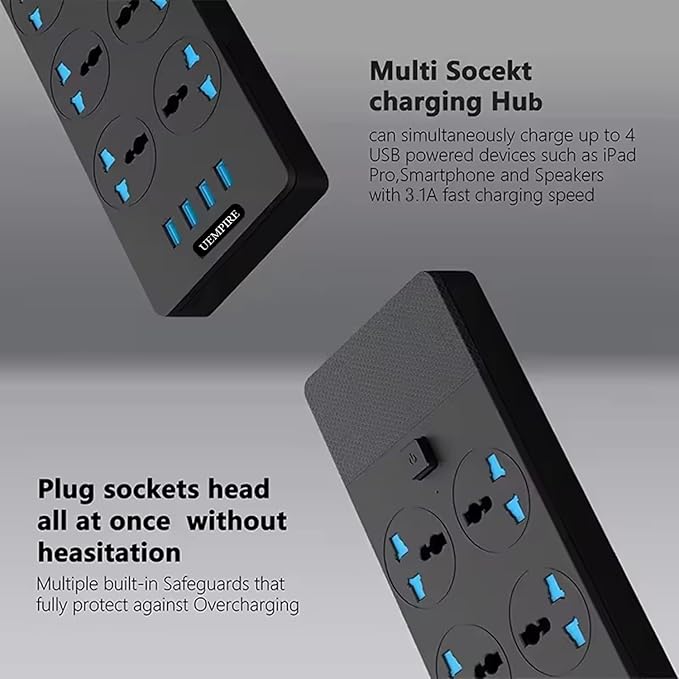 Power Strip & Surge Protectors, Power Extension Lead Outlets, All in one Wall Plug Adapter with 4 (3.1A) USB Hub & 6 Gang Smart Electrical Sockets, Power Extension (5 Meter)