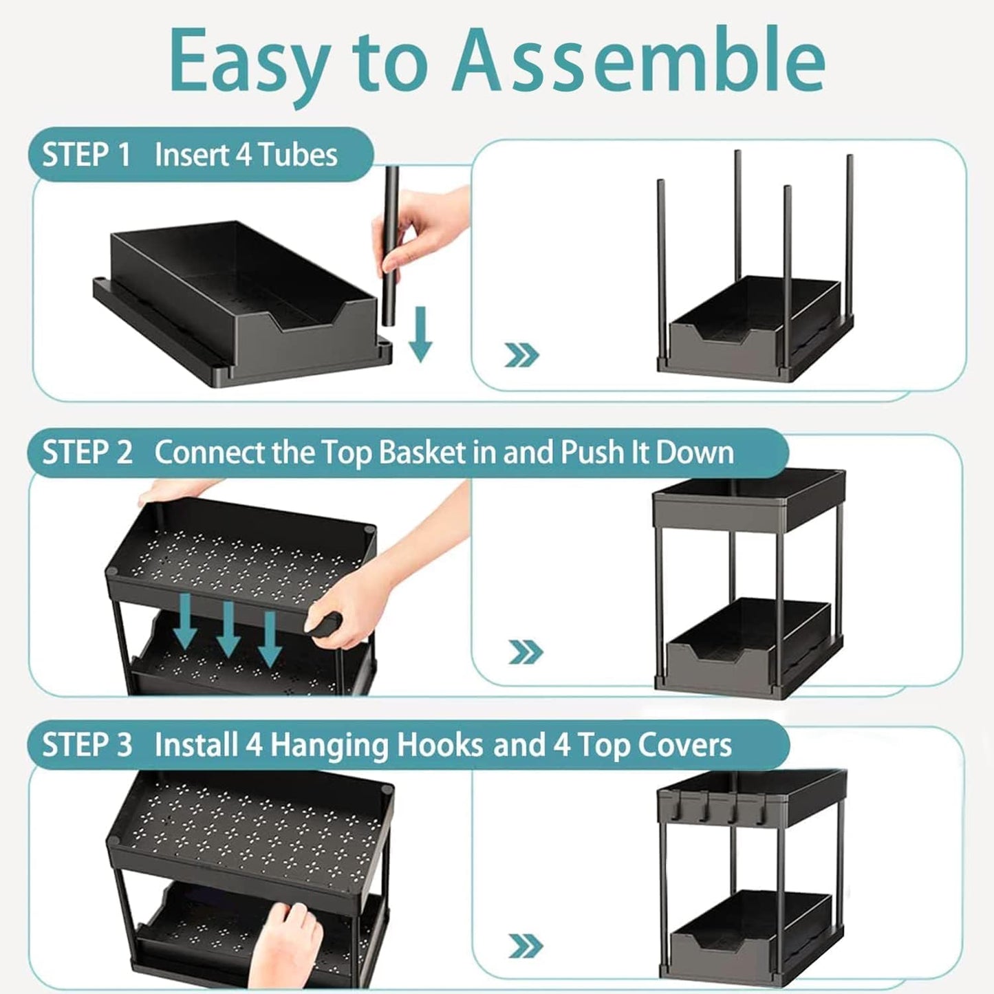 2 Tier Under Sliding Cabinet Basket Organizer, Bathroom Sink Storage Shelf, Multi-Purpose Black Organizer for Kitchen and Bathroom