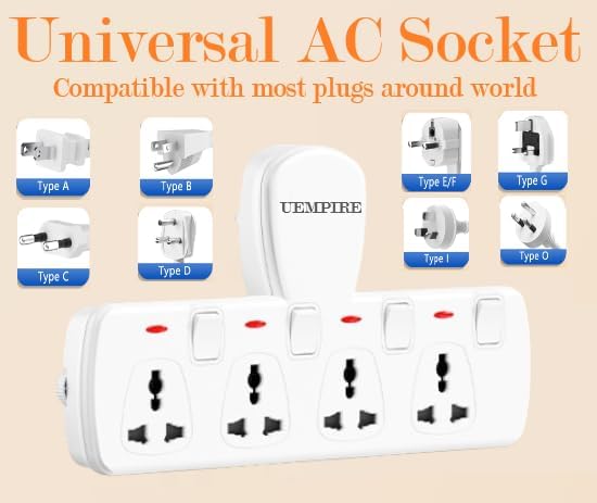 4-Way Multi Plug Extension Socket, Universal Outlet Adapter with Individual Switches, Wall Charger & Power Extender for Home, Office, Kitchen