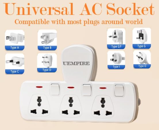 3-Way Multi Plug Extension Socket, Universal Outlet Adapter with Individual Switches, Wall Charger & Power Extender for Home, Office, Kitchen