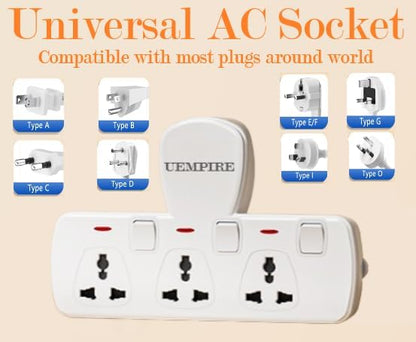 3-Way Multi Plug Extension Socket, Universal Outlet Adapter with Individual Switches, Wall Charger & Power Extender for Home, Office, Kitchen
