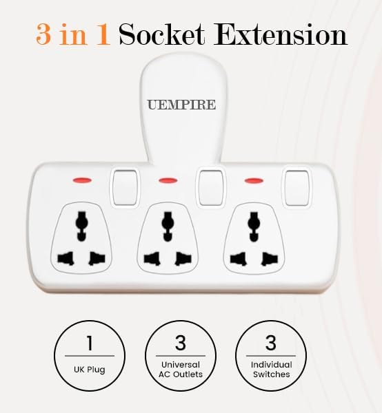 3-Way Multi Plug Extension Socket, Universal Outlet Adapter with Individual Switches, Wall Charger & Power Extender for Home, Office, Kitchen