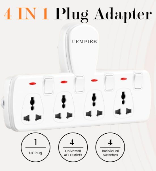 4-Way Multi Plug Extension Socket, Universal Outlet Adapter with Individual Switches, Wall Charger & Power Extender for Home, Office, Kitchen