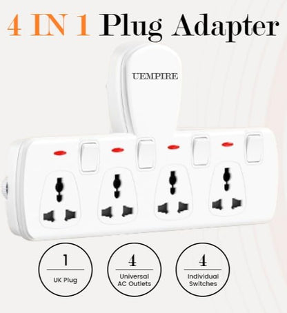 4-Way Multi Plug Extension Socket, Universal Outlet Adapter with Individual Switches, Wall Charger & Power Extender for Home, Office, Kitchen