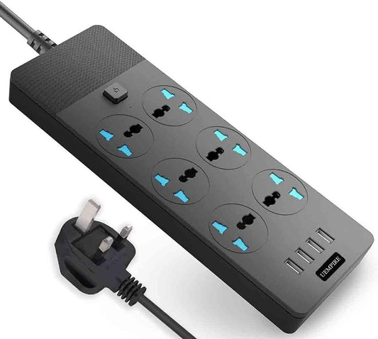 Power Strip & Surge Protectors, Power Extension Lead Outlets, All in one Wall Plug Adapter with 4 (3.1A) USB Hub & 6 Gang Smart Electrical Sockets, Power Extension (2 Meter)
