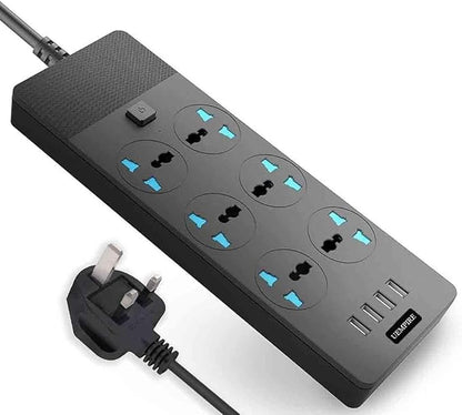 Power Strip & Surge Protectors, Power Extension Lead Outlets, All in one Wall Plug Adapter with 4 (3.1A) USB Hub & 6 Gang Smart Electrical Sockets, Power Extension (5 Meter)