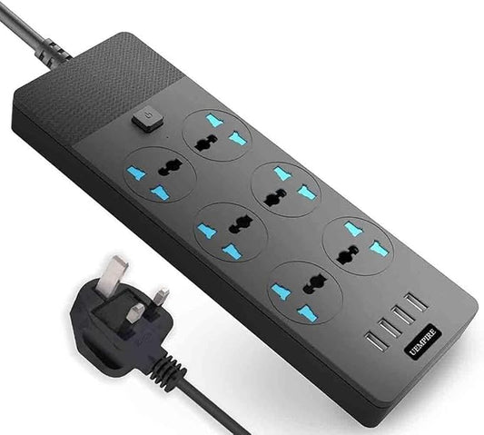 Power Strip & Surge Protectors, Power Extension Lead Outlets, All in one Wall Plug Adapter with 4 (3.1A) USB Hub & 6 Gang Smart Electrical Sockets, Power Extension (5 Meter)