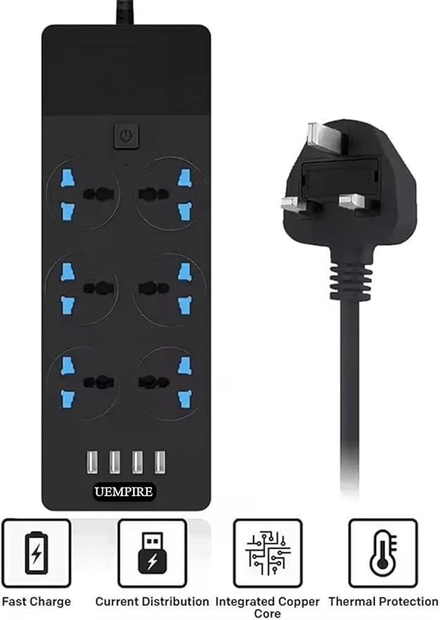 Power Strip & Surge Protectors, Power Extension Lead Outlets, All in one Wall Plug Adapter with 4 (3.1A) USB Hub & 6 Gang Smart Electrical Sockets, Power Extension (5 Meter)