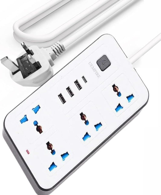 Universal Power Extension Cord - 4 Power Sockets, 3 USB 1 type C Slots, 5 meter cord Efficient Household 4 way Power Strip in Elegant Extension Lead (4 Way - 3 Meter)