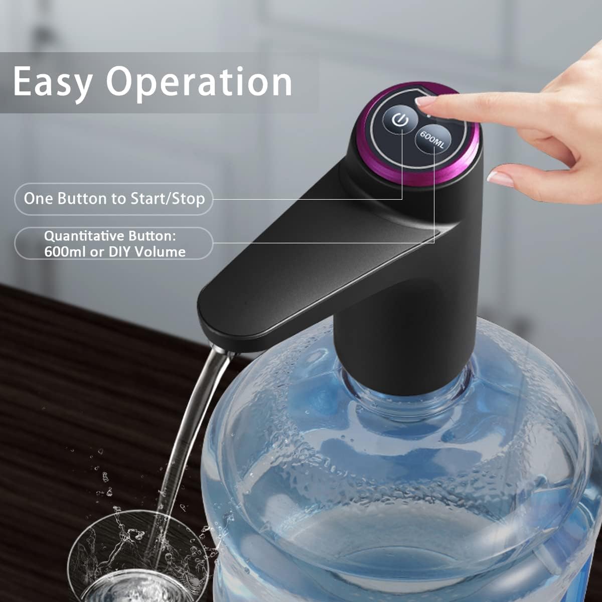 Water Dispenser, Portable Water Bottle Pump for Universal 3, 4 and 5 Gallon with USB Electric Charging and Automatic Off Switch (Black)