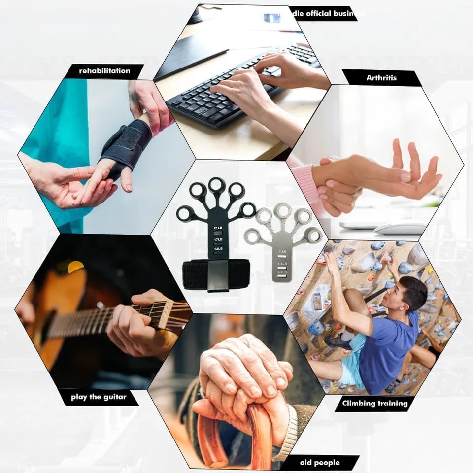 Hand Grip Strengthener - 4 Piece Adjustable Finger Exerciser and Finger Stretcher - Grip Strength Trainer for Hand Therapy, Rock Climbing - Relieve Pain for Arthritis, Carpal Tunnel