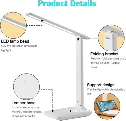 Desk Lamp, LED, White, Plastic, Rechargeable, Touch Control, Anti-Blue Light, Eye-Caring, Study & Reading, Office & Home