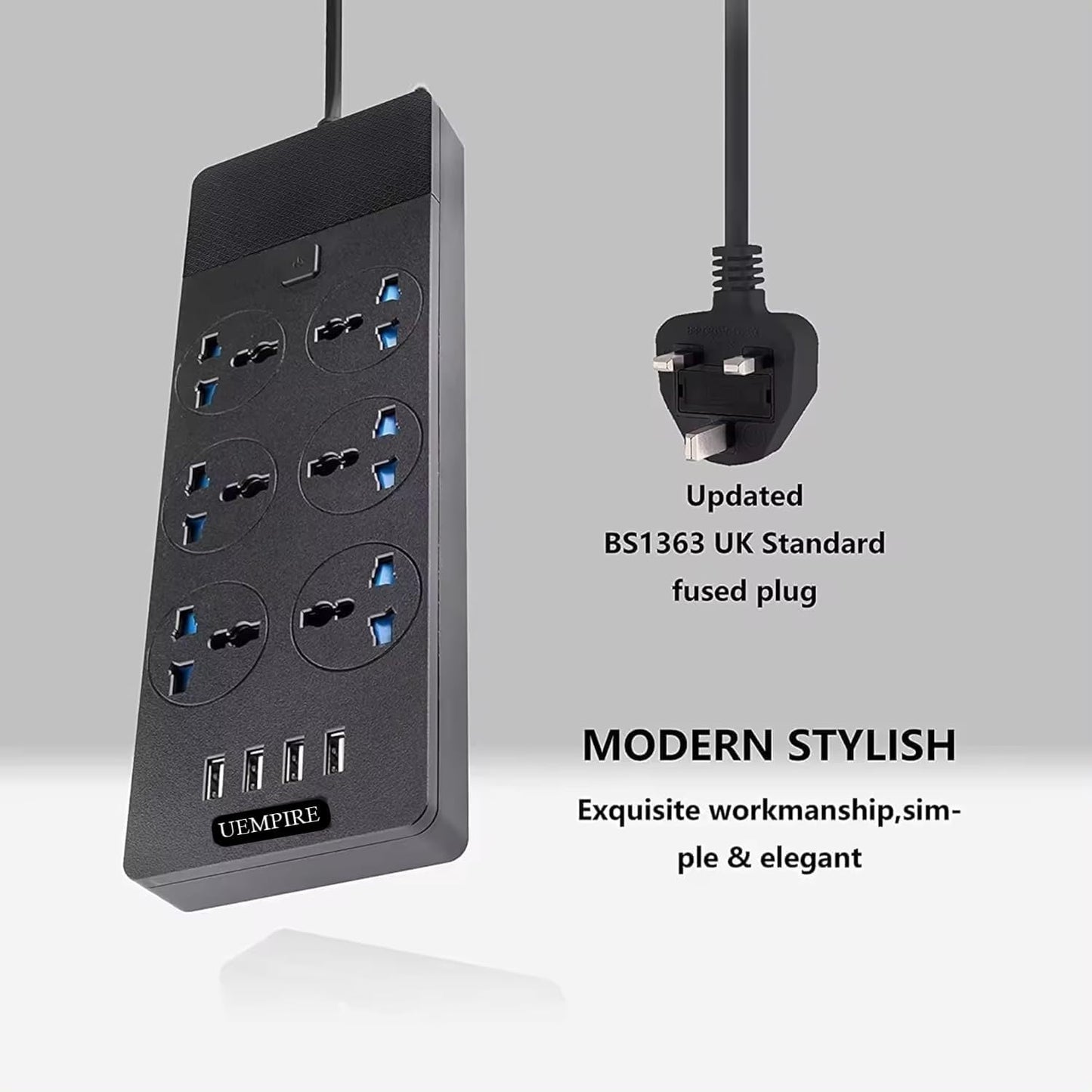 Power Strip & Surge Protectors, Power Extension Lead Outlets, All in one Wall Plug Adapter with 4 (3.1A) USB Hub & 6 Gang Smart Electrical Sockets, Power Extension (2 Meter)
