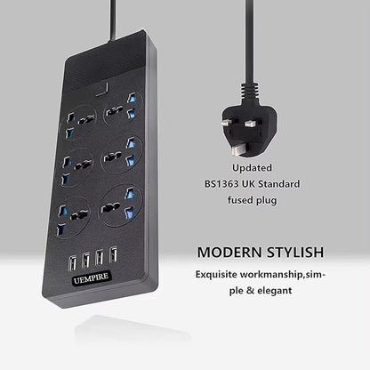 Power Strip & Surge Protectors, Power Extension Lead Outlets, All in one Wall Plug Adapter with 4 (3.1A) USB Hub & 6 Gang Smart Electrical Sockets, Power Extension (5 Meter)