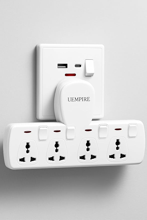 4-Way Multi Plug Extension Socket, Universal Outlet Adapter with Individual Switches, Wall Charger & Power Extender for Home, Office, Kitchen