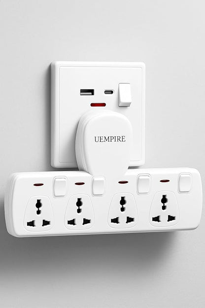4-Way Multi Plug Extension Socket, Universal Outlet Adapter with Individual Switches, Wall Charger & Power Extender for Home, Office, Kitchen