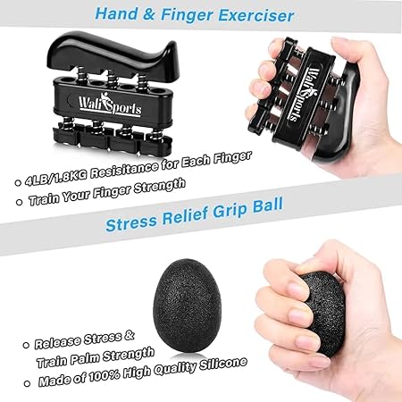 WALI SPORTS 5 Pack Hand Grip Strengthener Trainer Kit - Hand Strengthener & Grip Strength Kit - Forearm Grip Adjustable Resistance - Finger Stretcher, Hand Gripper, Finger Exerciser for Men/Women