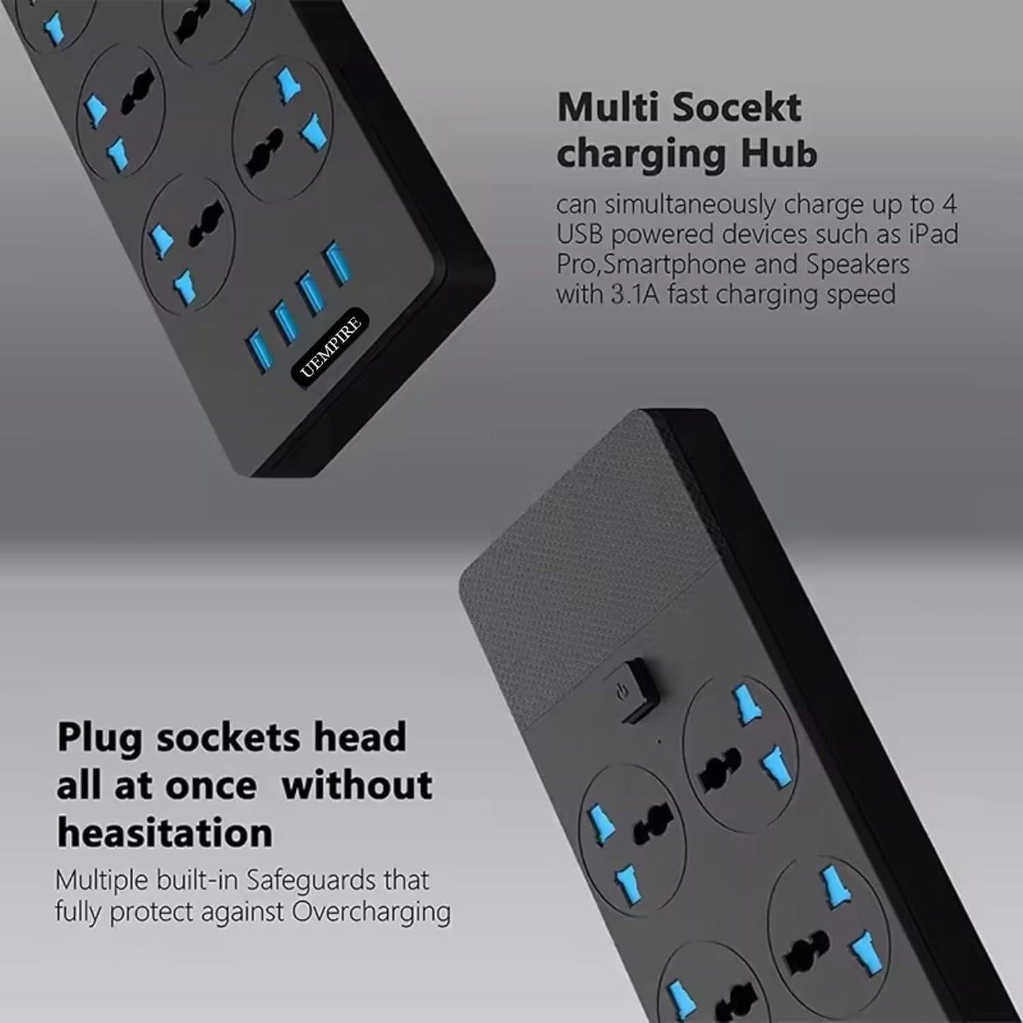 Power Strip & Surge Protectors, Power Extension Lead Outlets, All in one Wall Plug Adapter with 4 (3.1A) USB Hub & 6 Gang Smart Electrical Sockets, Power Extension (2 Meter)