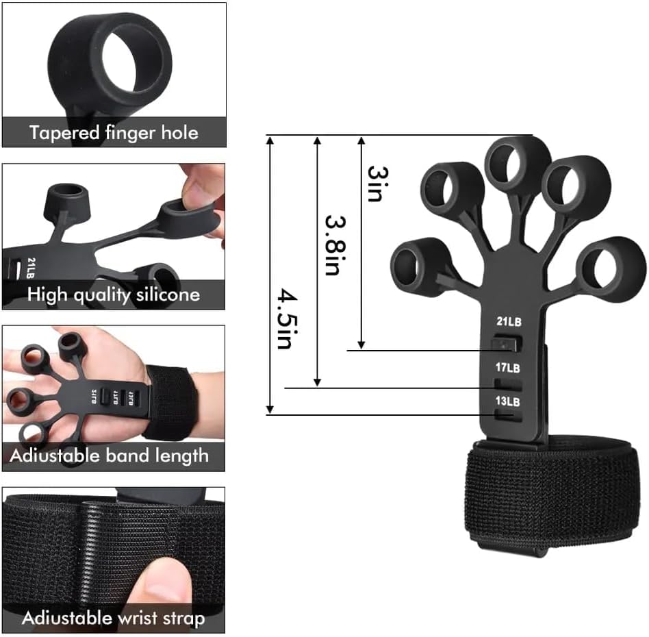 Hand Grip Strengthener - 4 Piece Adjustable Finger Exerciser and Finger Stretcher - Grip Strength Trainer for Hand Therapy, Rock Climbing - Relieve Pain for Arthritis, Carpal Tunnel