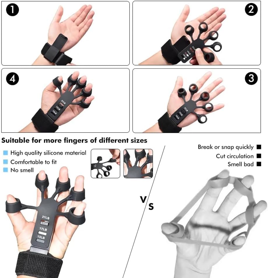 Hand Grip Strengthener - 4 Piece Adjustable Finger Exerciser and Finger Stretcher - Grip Strength Trainer for Hand Therapy, Rock Climbing - Relieve Pain for Arthritis, Carpal Tunnel