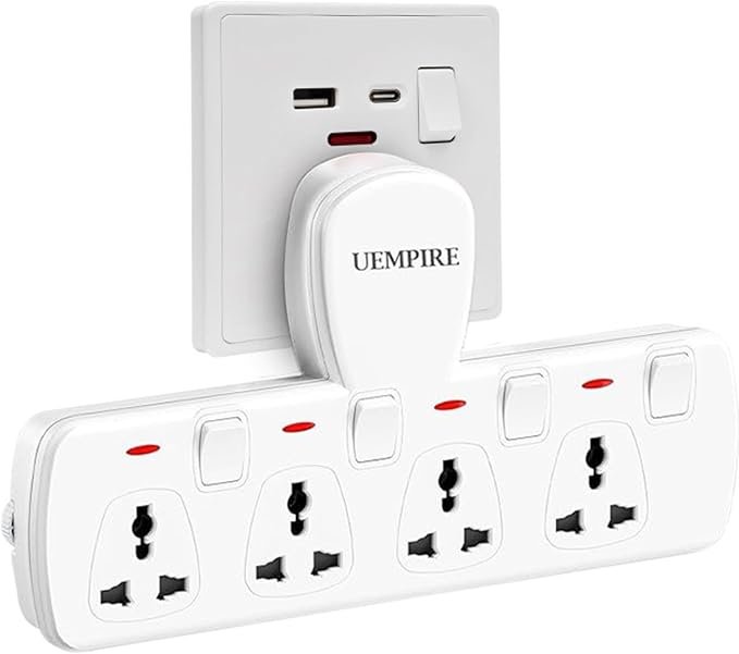 4-Way Multi Plug Extension Socket, Universal Outlet Adapter with Individual Switches, Wall Charger & Power Extender for Home, Office, Kitchen