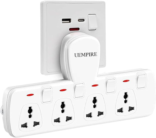 4-Way Multi Plug Extension Socket, Universal Outlet Adapter with Individual Switches, Wall Charger & Power Extender for Home, Office, Kitchen