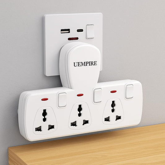 3-Way Multi Plug Extension Socket, Universal Outlet Adapter with Individual Switches, Wall Charger & Power Extender for Home, Office, Kitchen