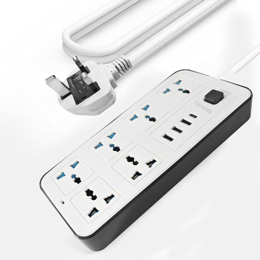 Universal Power Extension Cord - 6 Power Sockets, 3 USB 1 type C Slots, 5 meter cord Efficient Household 6 way Power Strip in Elegant Extension Lead (6 Way - 5 Meter)
