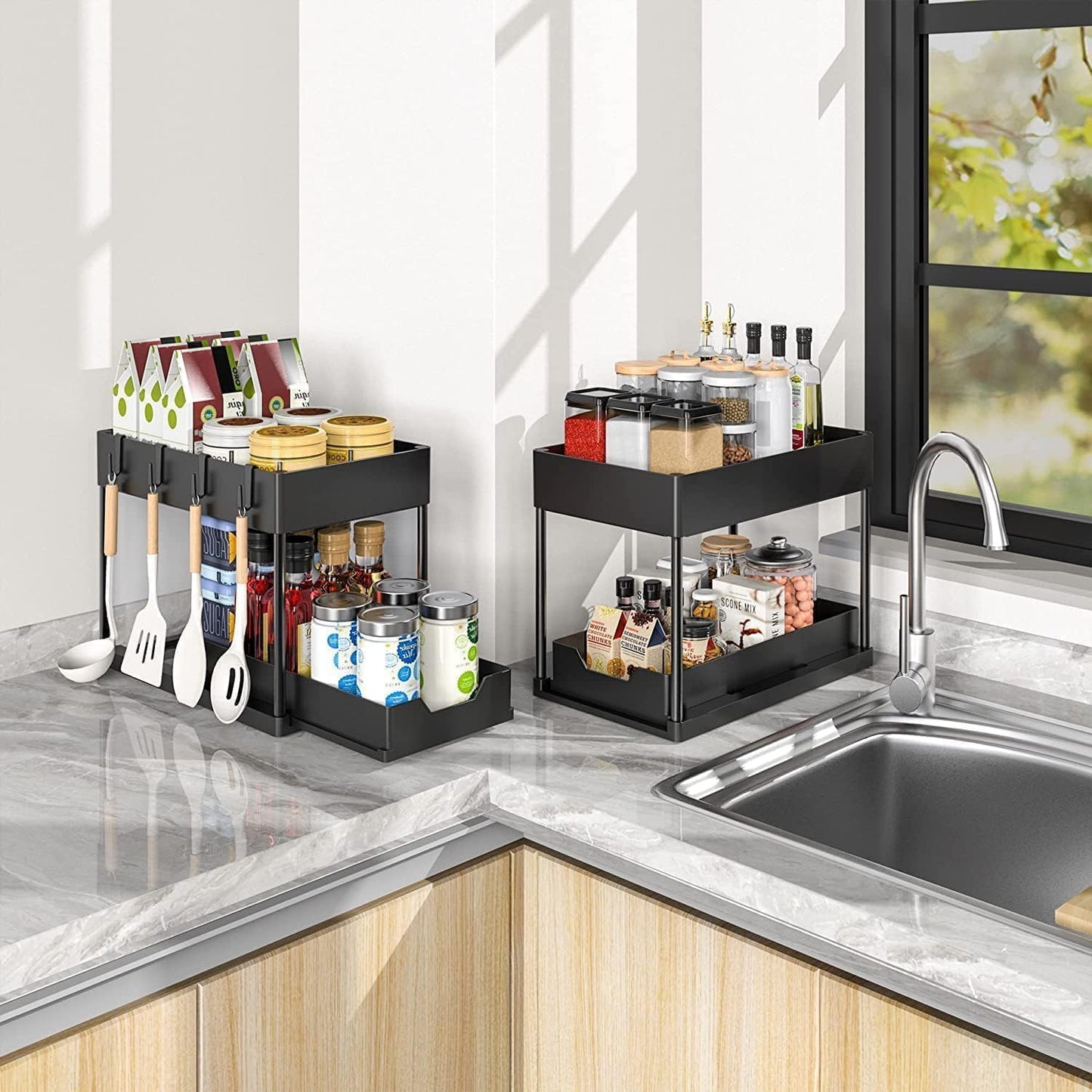 2 Tier Under Sliding Cabinet Basket Organizer, Bathroom Sink Storage Shelf, Multi-Purpose Black Organizer for Kitchen and Bathroom