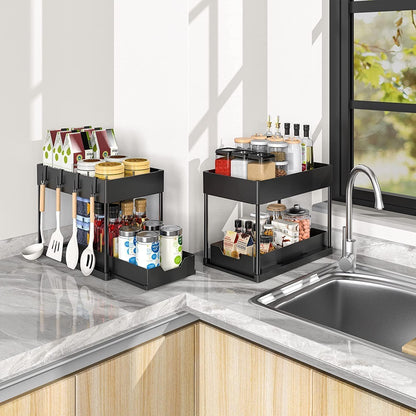 2 Tier Under Sliding Cabinet Basket Organizer, Bathroom Sink Storage Shelf, Multi-Purpose Black Organizer for Kitchen and Bathroom