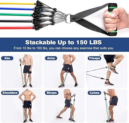 WALI SPORTS 100% Latex 11 Pcs Resistance Band Set 150 LB Handles & Door Anchor, Ankle Straps, Carrying Case for Physical Therapy, Home Workouts, Fitness