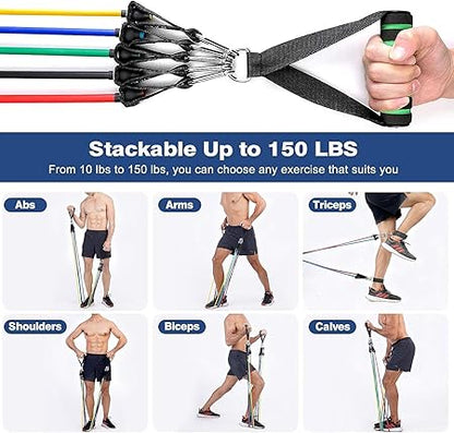 WALI SPORTS 100% Latex 11 Pcs Resistance Band Set 150 LB Handles & Door Anchor, Ankle Straps, Carrying Case for Physical Therapy, Home Workouts, Fitness