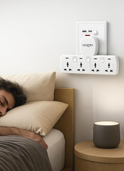 4-Way Multi Plug Extension Socket, Universal Outlet Adapter with Individual Switches, Wall Charger & Power Extender for Home, Office, Kitchen