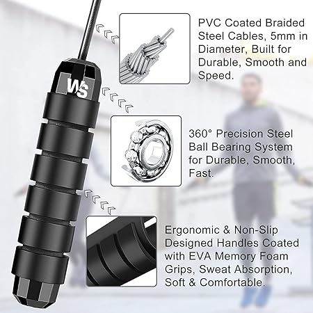 WALI SPORTS Jumping Rope Tangle-Free with Ball Bearings Jump Rope Adjustable and Memory Foam Handle Skipping Rope Ideal for Fitness for Kids and Adults