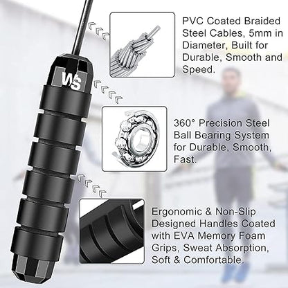 WALI SPORTS Jumping Rope Tangle-Free with Ball Bearings Jump Rope Adjustable and Memory Foam Handle Skipping Rope Ideal for Fitness for Kids and Adults