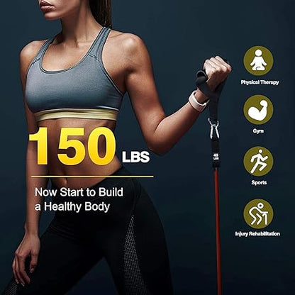 WALI SPORTS 100% Latex 11 Pcs Resistance Band Set 150 LB Handles & Door Anchor, Ankle Straps, Carrying Case for Physical Therapy, Home Workouts, Fitness