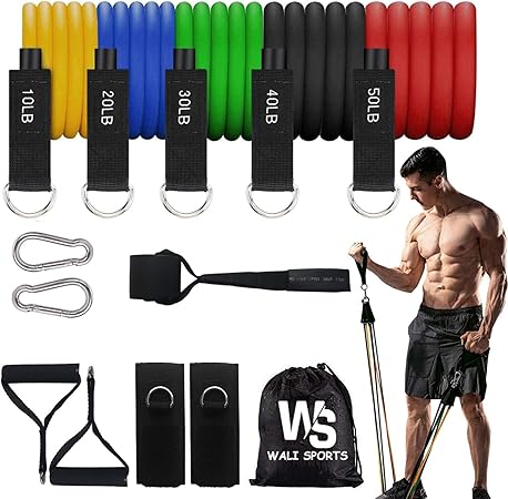 WALI SPORTS 100% Latex 11 Pcs Resistance Band Set 150 LB Handles & Door Anchor, Ankle Straps, Carrying Case for Physical Therapy, Home Workouts, Fitness