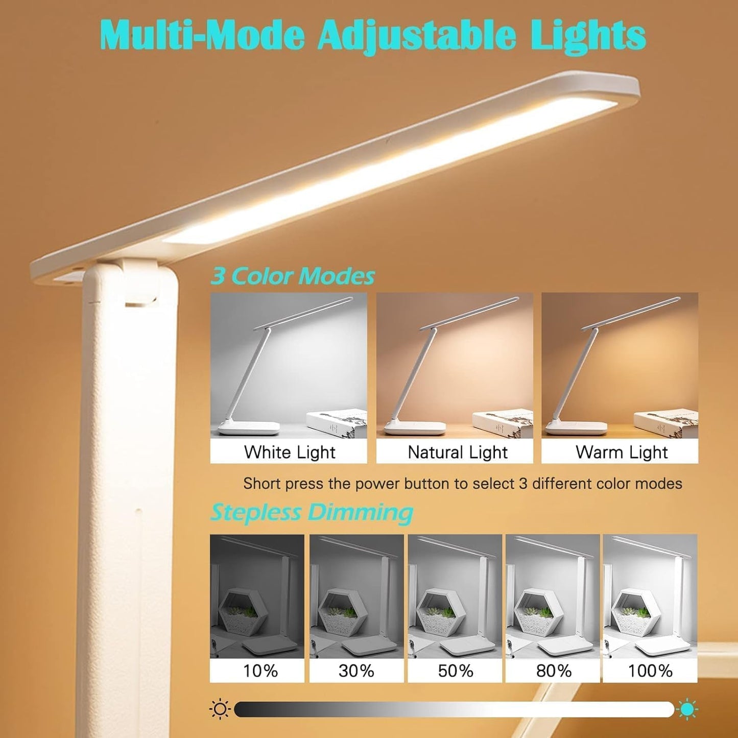 Desk Lamp, LED, White, Plastic, Rechargeable, Touch Control, Anti-Blue Light, Eye-Caring, Study & Reading, Office & Home
