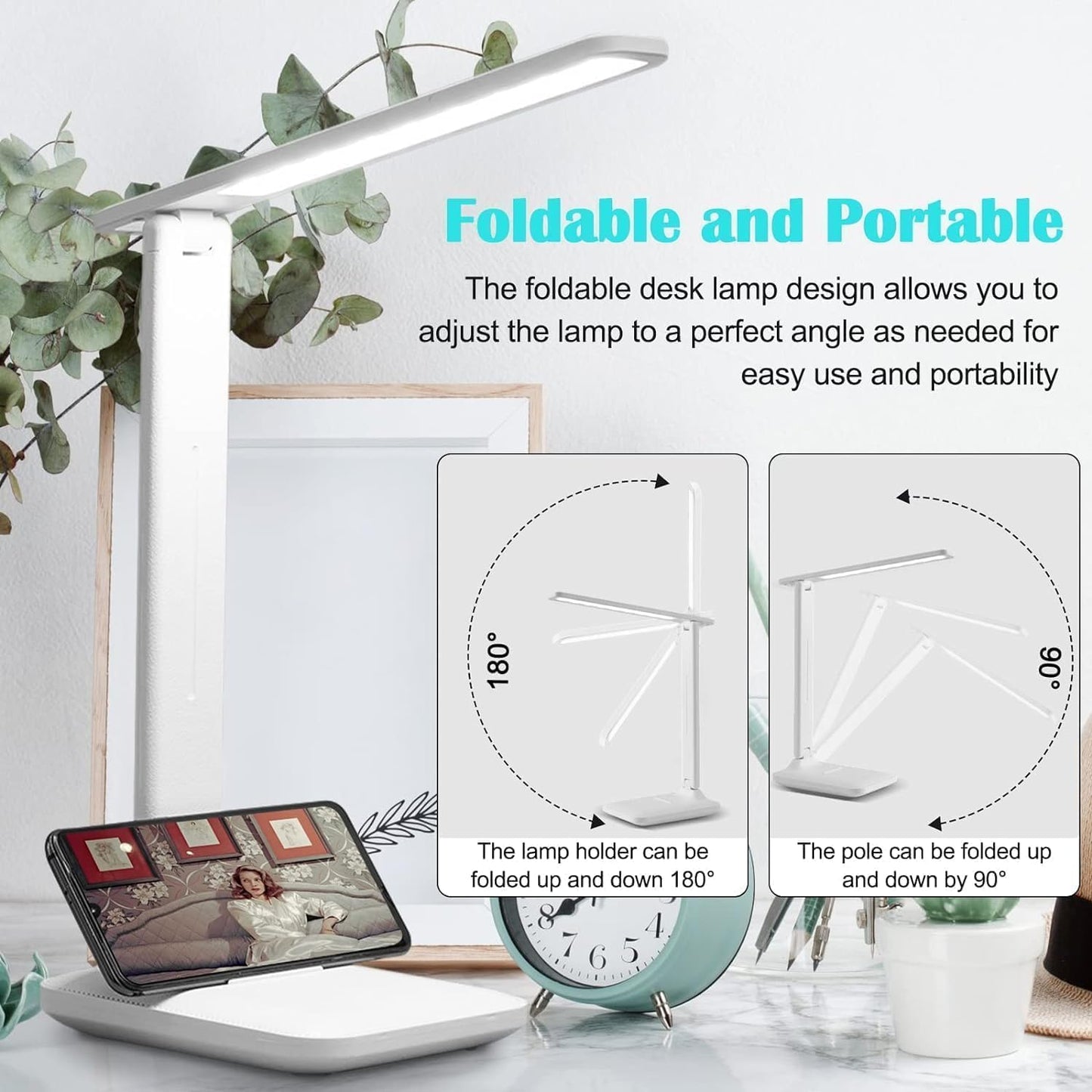 Desk Lamp, LED, White, Plastic, Rechargeable, Touch Control, Anti-Blue Light, Eye-Caring, Study & Reading, Office & Home
