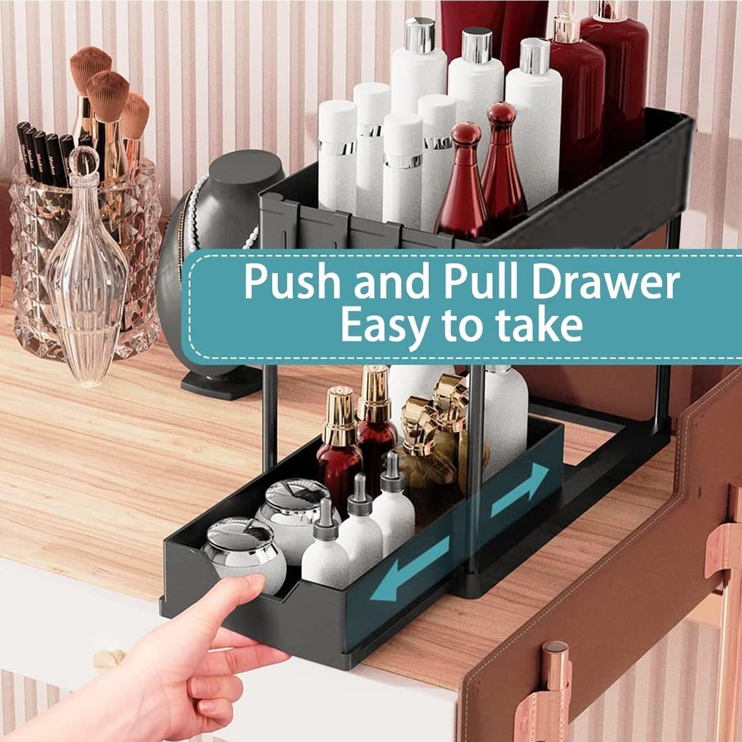 2 Tier Under Sliding Cabinet Basket Organizer, Bathroom Sink Storage Shelf, Multi-Purpose Black Organizer for Kitchen and Bathroom
