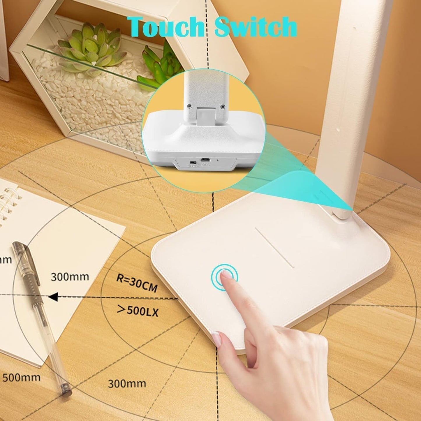 Desk Lamp, LED, White, Plastic, Rechargeable, Touch Control, Anti-Blue Light, Eye-Caring, Study & Reading, Office & Home