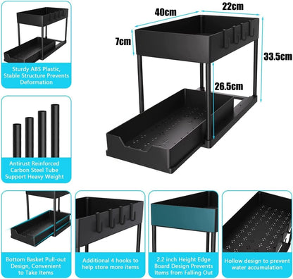2 Tier Under Sliding Cabinet Basket Organizer, Bathroom Sink Storage Shelf, Multi-Purpose Black Organizer for Kitchen and Bathroom