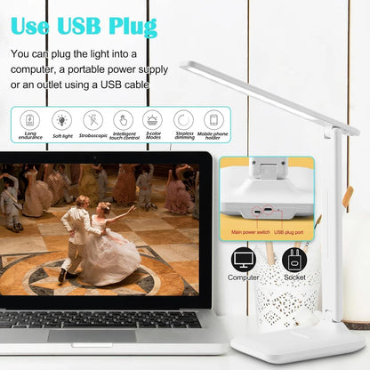 Desk Lamp, LED, White, Plastic, Rechargeable, Touch Control, Anti-Blue Light, Eye-Caring, Study & Reading, Office & Home