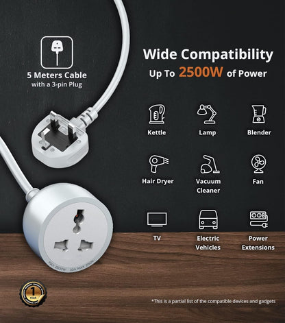 1 Way 5 Meters Universal Outlet Power Extension Cord, Power Strip 5M Single Socket Cable Extender, 2500W One Plug Electric Wire