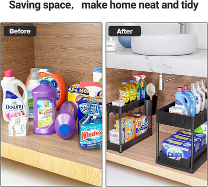 2 Tier Under Sliding Cabinet Basket Organizer, Bathroom Sink Storage Shelf, Multi-Purpose Black Organizer for Kitchen and Bathroom