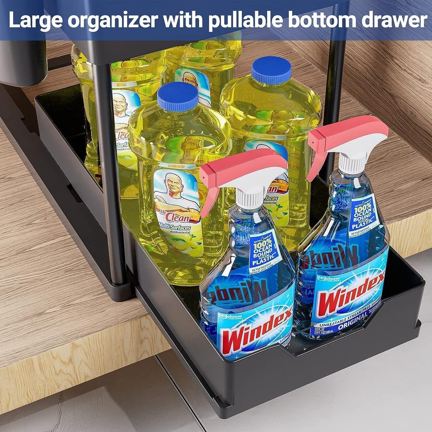 2 Tier Under Sliding Cabinet Basket Organizer, Bathroom Sink Storage Shelf, Multi-Purpose Black Organizer for Kitchen and Bathroom