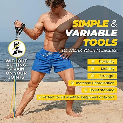 WALI SPORTS 100% Latex 11 Pcs Resistance Band Set 150 LB Handles & Door Anchor, Ankle Straps, Carrying Case for Physical Therapy, Home Workouts, Fitness